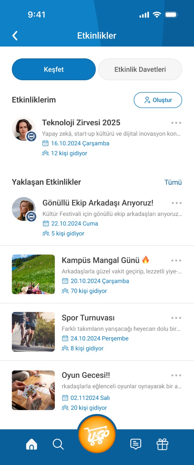 U-GO uygulamasından etkinlikler ekranı